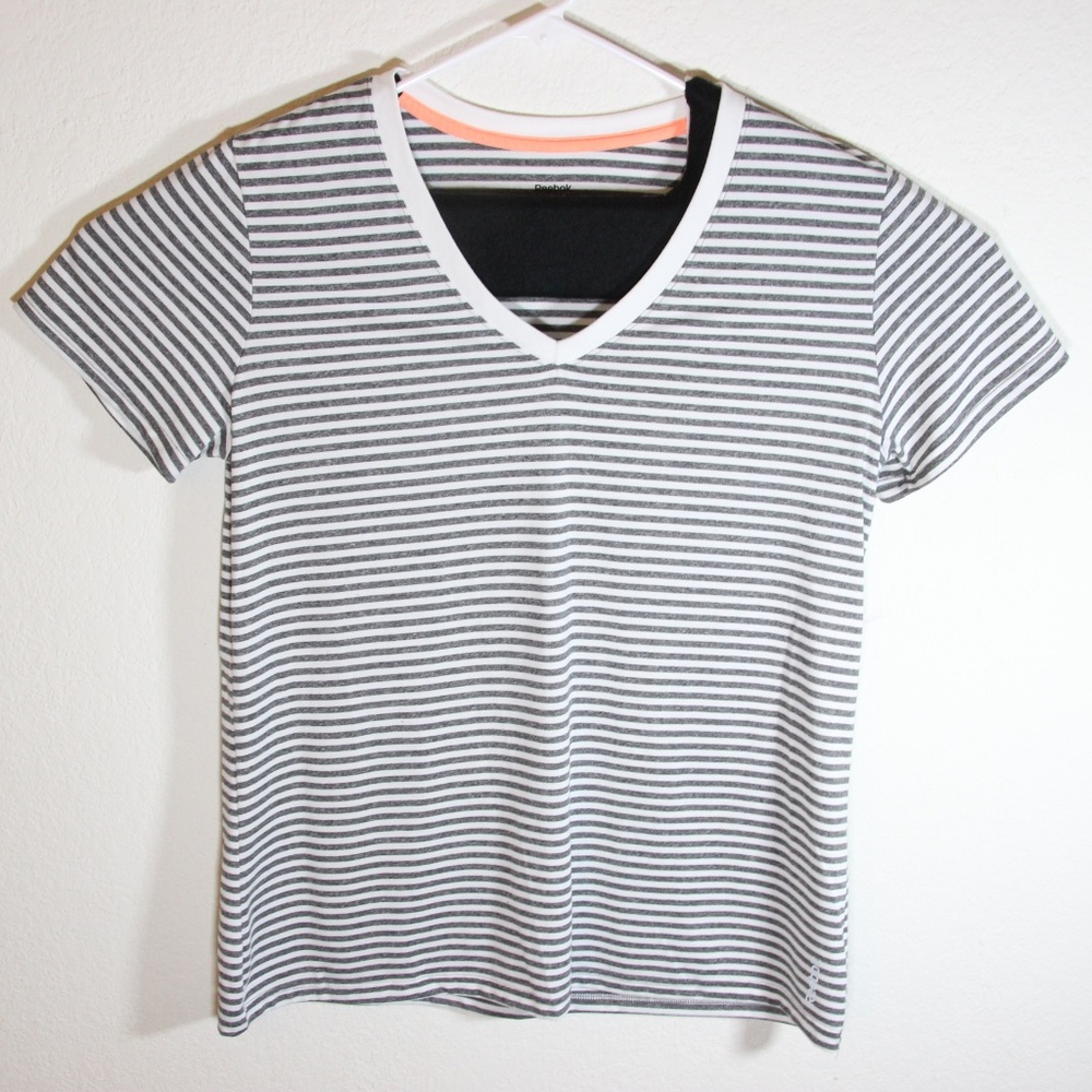 Reebok Striped Gray White V-Neck Activewear Tshirt
